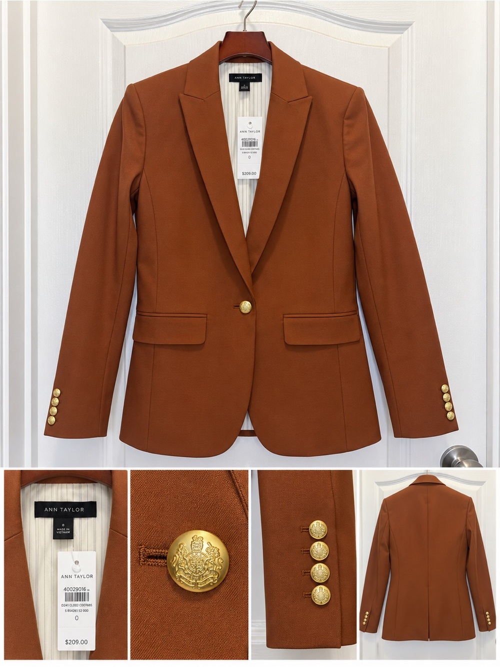 Ann Taylor Blazer Size 0 Cognac/Rust Brown Gold Crest Buttons NWT Retail $209